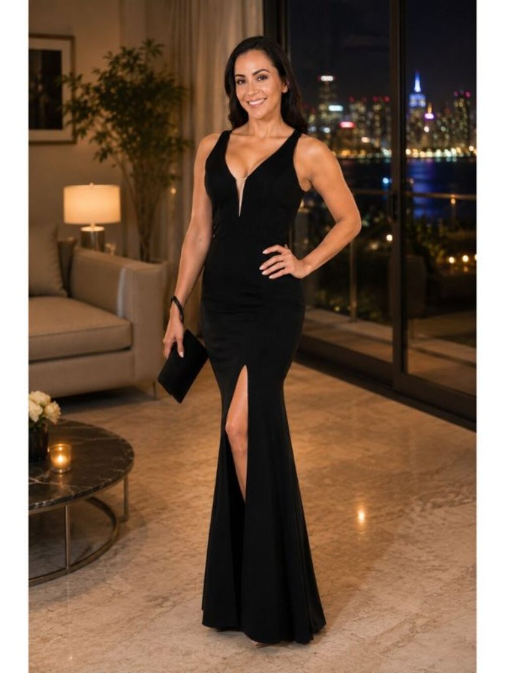 Clearance Black Size M Fitted Long Deep V-Neck Dress By Poly USA 8298